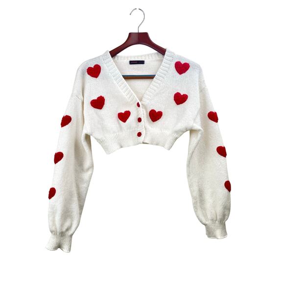 Womens Sweater Sz M 3D Hearts Cropped Oversized Valentines Coquette Embroidered - Picture 1 of 7